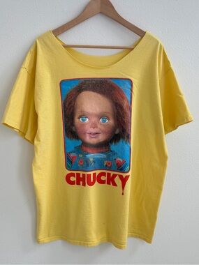 Chucky Graphic Off The Shoulder Tee Yellow Horror Movie T Shirt